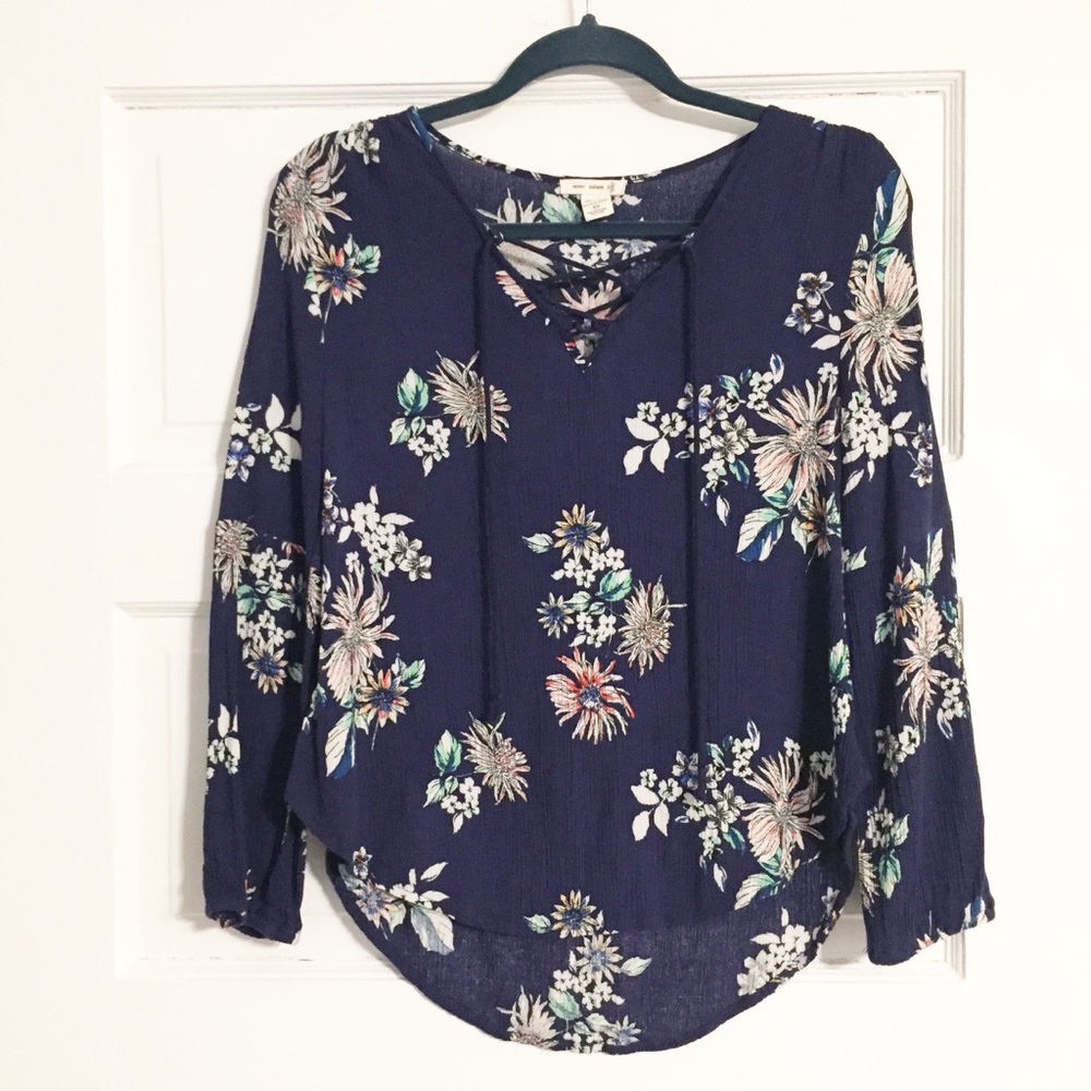 Seven Sisters Navy Blue Lace-Up Neckline Flowy Top